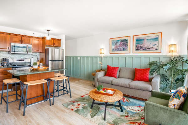 The living and dining area is perfect for a relaxing stay.