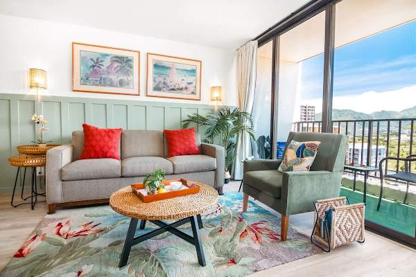 Your living room has a pull-out sleeper sofa, a coffee table, and an armchair.