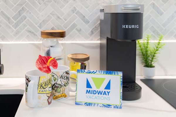 A coffee station featuring a Keurig machine, perfect for enjoying a morning brew.