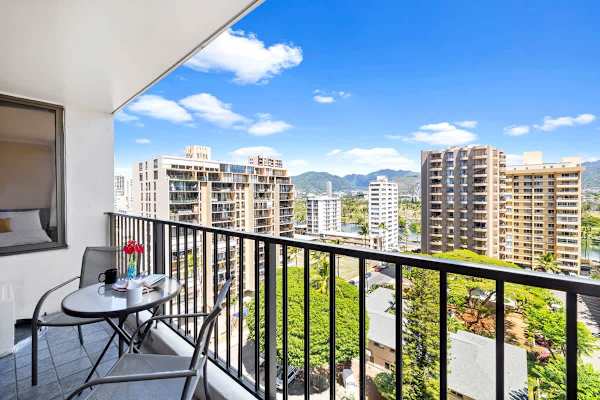 Balcony with city and mountain view