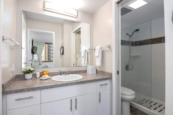 The modern bathroom features a sleek granite countertop vanity with ample storage and a walk-in glass shower with contemporary tile accents.