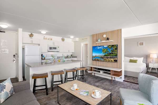 Overview of the living area, dining area, and kitchen