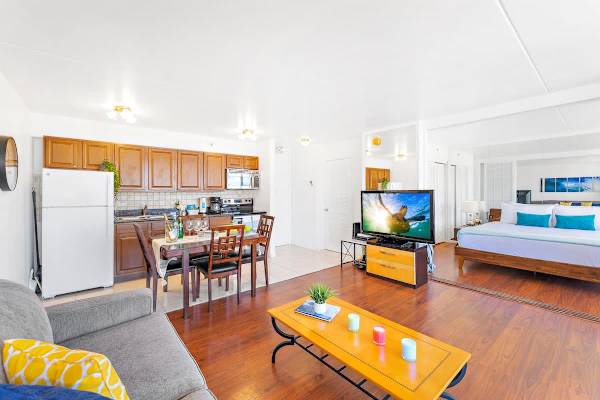 Open-concept living space with a kitchen, dining area, and bedroom featuring wood flooring and bright accents.