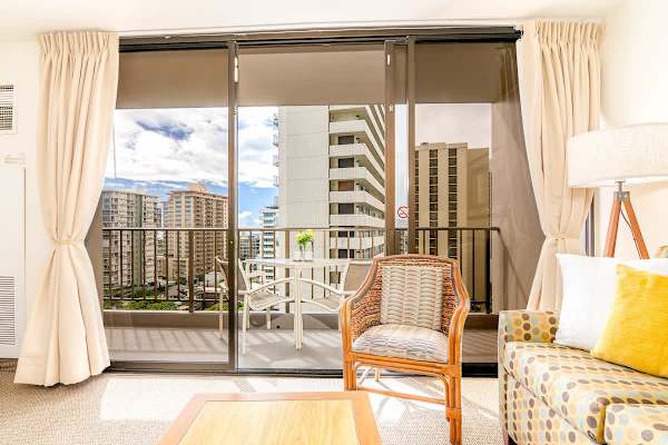 Living room with city view.
