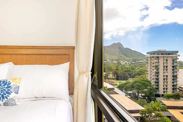 Bedroom with beautiful mountain view.