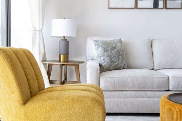 Unwind in your living area with a pull-out sleeper sofa and accent chair.