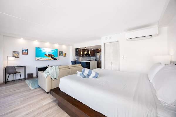 Your cozy studio features a king-size bed, a sleeper sofa, a 65" smart TV, and a fully equipped kitchen with bar seating.
