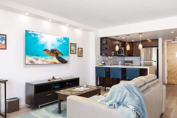 Your sleek, modern studio apartment features a full kitchen with bar seating, a sleeper sofa, a 65" smart TV, and a king-size bed.