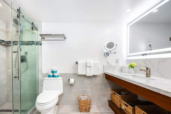 Your bathroom features a walk-in shower with a glass door, a vanity with a marble countertop, and a backlit mirror.