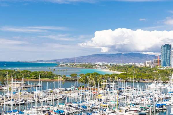 Beautiful blue ocean view extending to the horizon, overlooking a bustling marina filled with docked boats and a bright blue sky with scattered white clouds.