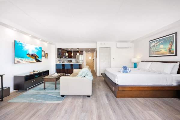 Modern studio living meets tropical escape with a plush king bed, full kitchen, 65" smart TV, sleeper sofa, and split AC for a perfect Hawaiian getaway.