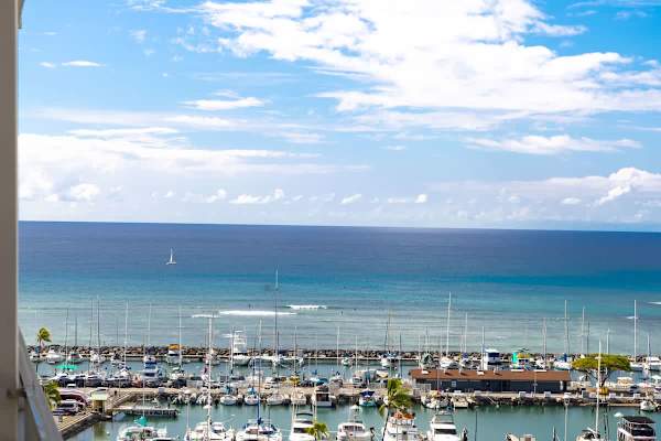 Beautiful blue ocean view extending to the horizon, overlooking a bustling marina filled with docked boats and a bright blue sky with scattered white clouds.