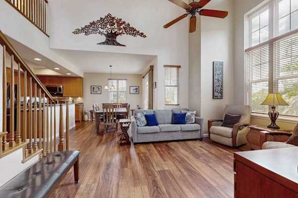 Bright living room with vaulted ceilings
