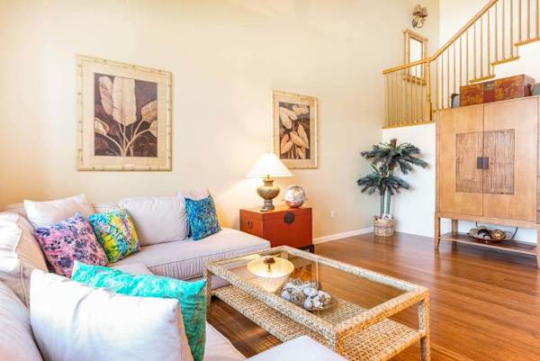 Inviting living room with high ceilings
