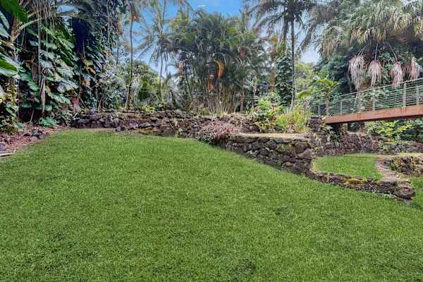 Lush tropical garden surrounding the home