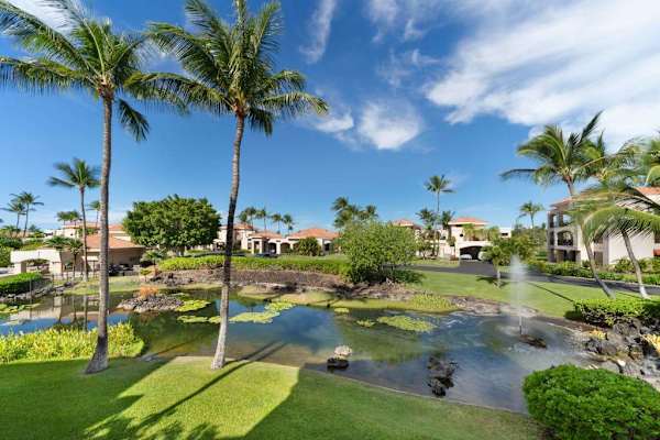 Tropical grounds feature palms, green lawns, pathways, and resort buildings