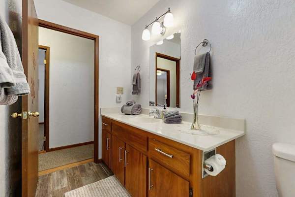 Spacious Wood Vanity & Overhead Lighting