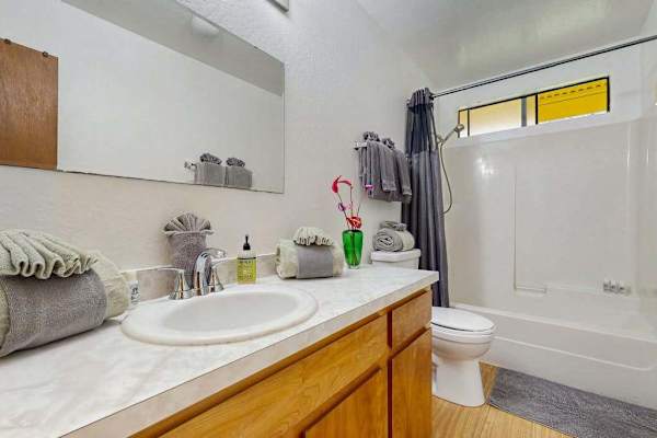 Full Guest Bathroom with Wooden Vanity, Large Mirror & Shower/Tub Combo