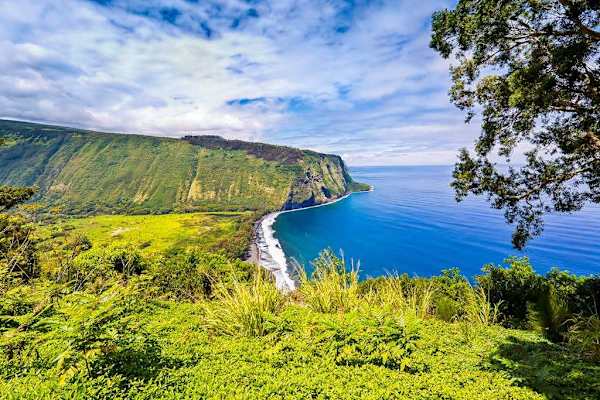 Scenic aerial view of the Kona coastline and hillsides.
