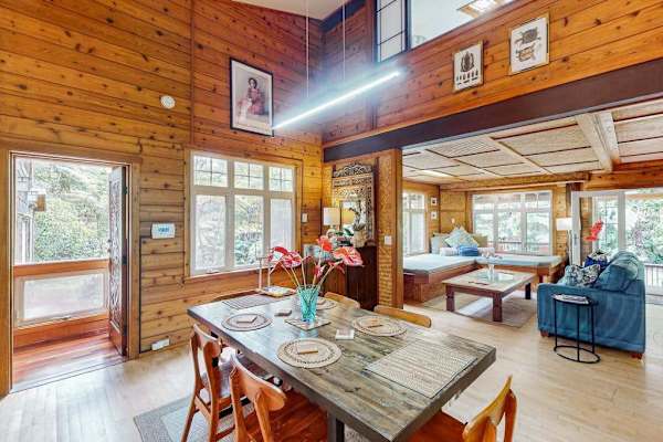 Open-concept living space with cozy fireplace