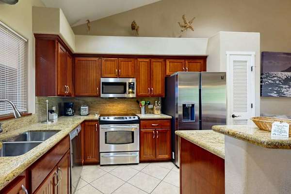 Newly remodeled kitchen with stainless steel appliances. 