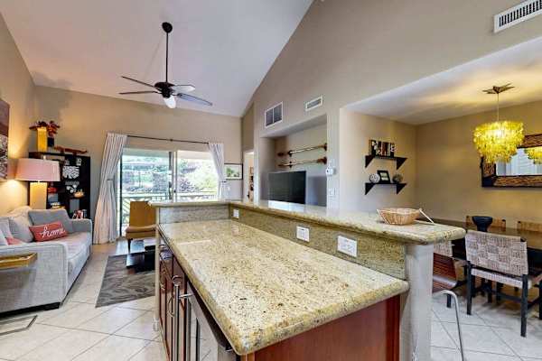 Newly remodeled kitchen with large island and bar stools for extra seating. 