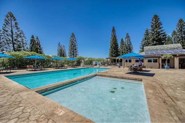 Resort-style pool surrounded by tropical landscaping.