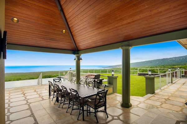 Covered Outdoor Dining Lanai with Ocean Views & Seating for Group Meals