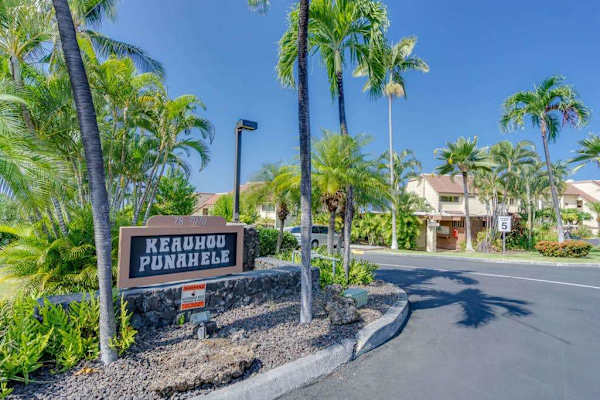 The property entrance features clear signage and tropical palms for easy navigation upon arrival
