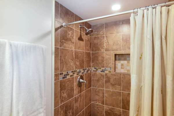 Tiled Shower Enclosure, Built-In Toiletries Niche & Shower Curtain