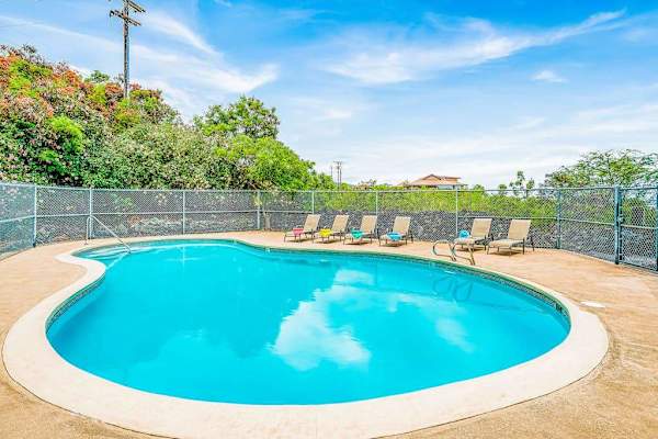 Curved Outdoor Swimming Pool with Paved Deck and Fenced Enclosure