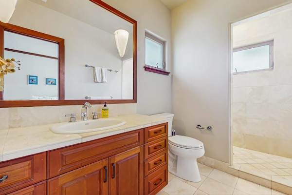 Guest room with large tiled walk-in shower.