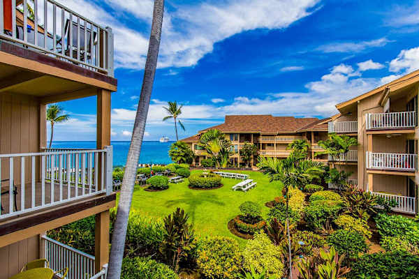 Elevated Resort View Overlooking Tropical Courtyard & Blue Ocean Horizon