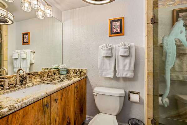Modern En-Suite Vanity Setup with Etched Seahorse Glass Details