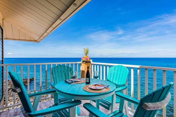 Intimate Oceanfront Lanai Setup Perfect for Sunset Drinks & Al Fresco Dining