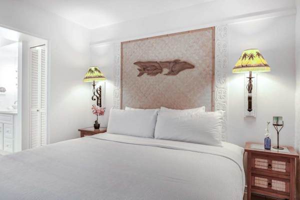 Symmetrical Bedroom View with Warm Bedside Lighting & Crisp Linens