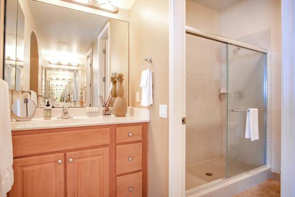 Primary En-Suite Bath featuring Large Vanity & Glass Walk-In Shower
