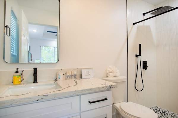 Guest bathroom with walk-in shower.