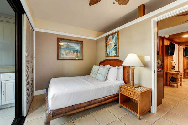 Studio with queen bed, ceiling fan and great views out of your private lanai.