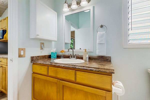 Bathroom vanity area offers mirror storage and bright clean finishes