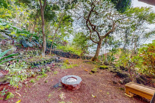 Wooded courtyard features firepit seating and peaceful garden surroundings nearby
