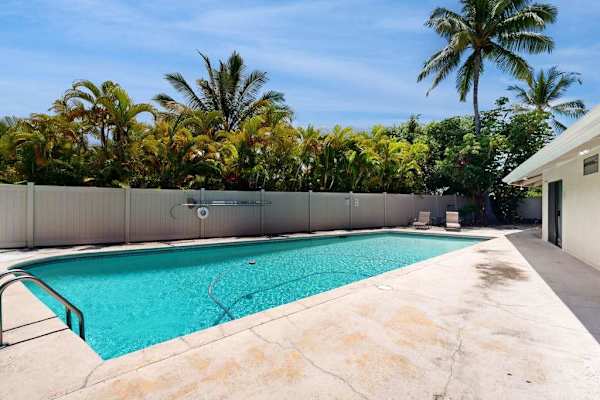 Sunny backyard pool overlooks palms with generous space for swimming