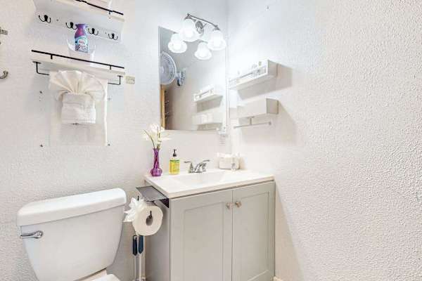 Guest bathroom with tub/shower combo.