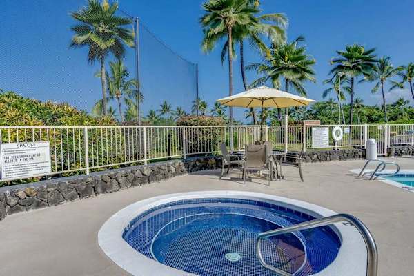 Spa deck offers shaded seating palms and soothing island breezes