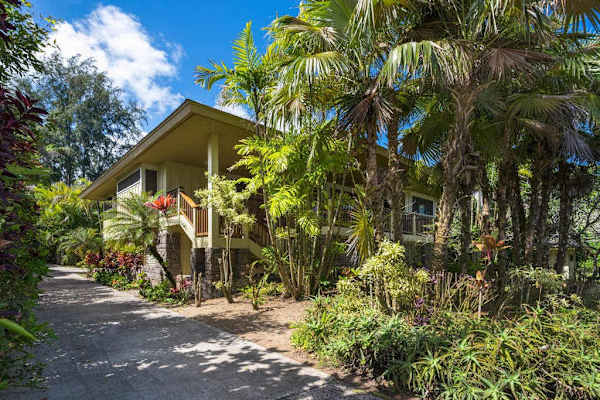 Wooden home exterior sits among tropical trees, paths, and greenery