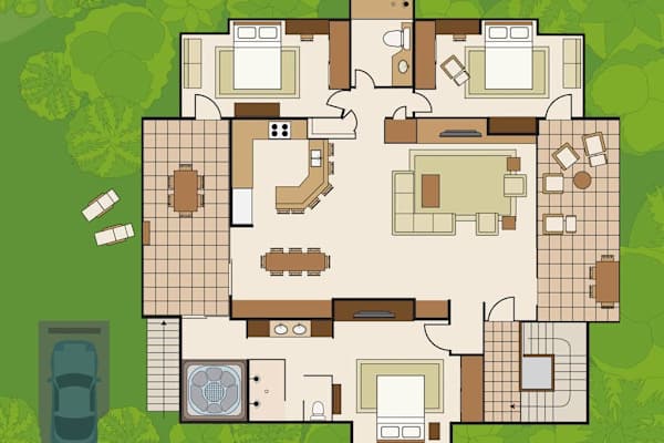 Detailed floor plan displays bedrooms, bathrooms, living spaces, and kitchen