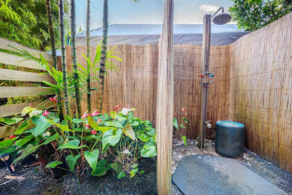 Outdoor shower area features fencing, tropical plants, and natural light
