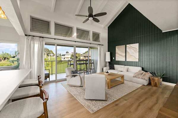 Living room overlooking lush tropical greenery
