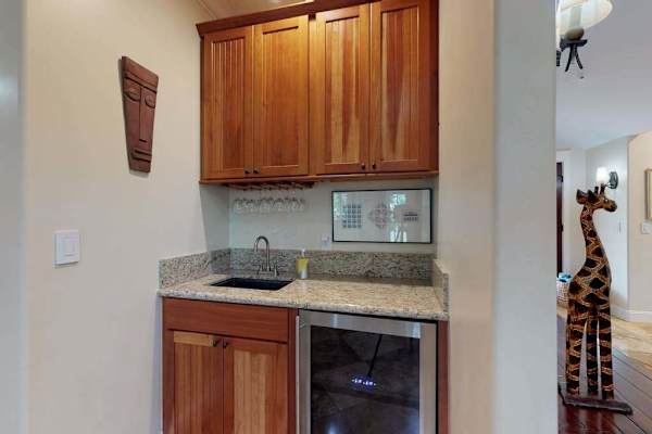 Breakfast bar and wine fridge.