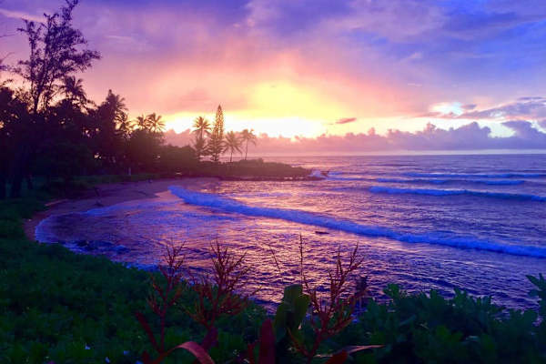 Experience Hawaii's picturesque sunsets as vibrant shades of orange, pink, and blue paint the sky above the Pacific Ocean.